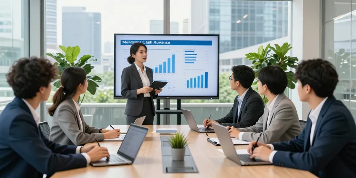 Group of professionals discussing merchant cash advance UK options in a modern conference room.