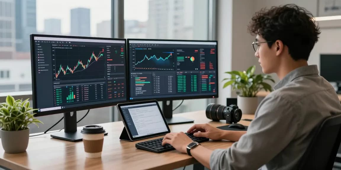 Developer utilizing a multi-exchange data interface in a modern fintech workspace, showcasing real-time financial data.
