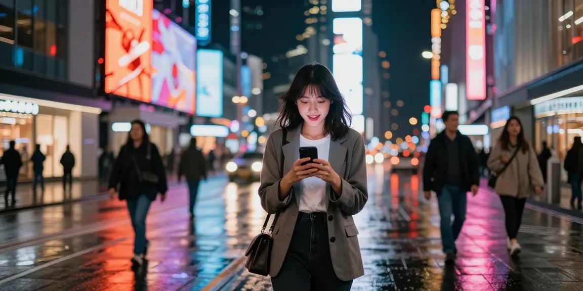 Gái gọi đang trong không khí sôi động của thành phố vào ban đêm với ánh đèn neon lung linh.