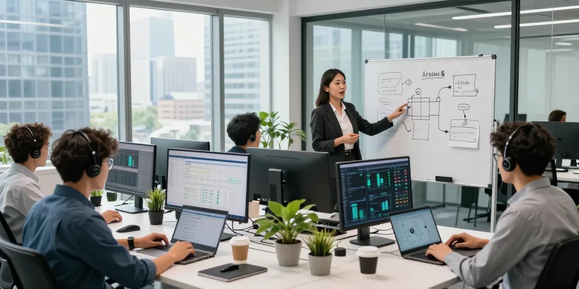 Dynamic team showcasing business IT support services in a modern office environment, engaging with technology and collaborative solutions.