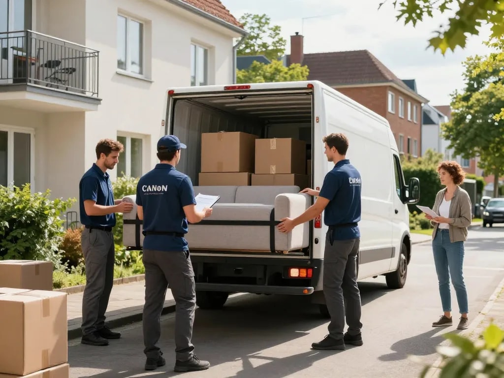 Effizientes Umzugsunternehmen Hannover-Team lädt Kisten in einen Umzugswagen, um einen reibungslosen Umzugsprozess zu gewährleisten.