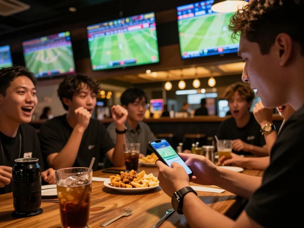 Engaged bettor analyzing kèo nhà cái 88 on smartphone in lively sports bar, reflecting exciting betting atmosphere