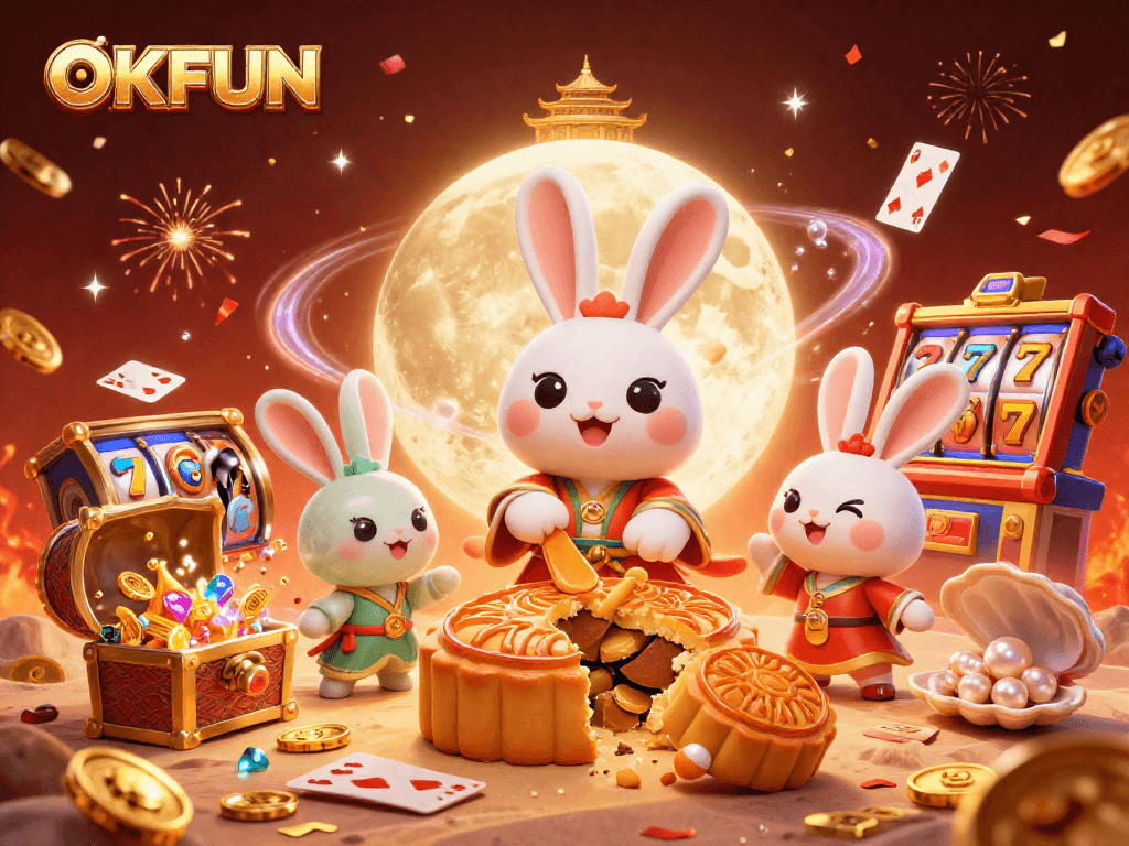 Play casino games with OKFUN featuring a moon rabbit revealing poker chips amidst celebratory elements.