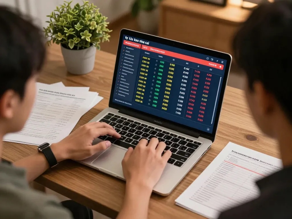 Engaged bettor analyzing ty le keo nha cai on a laptop in a cozy home environment