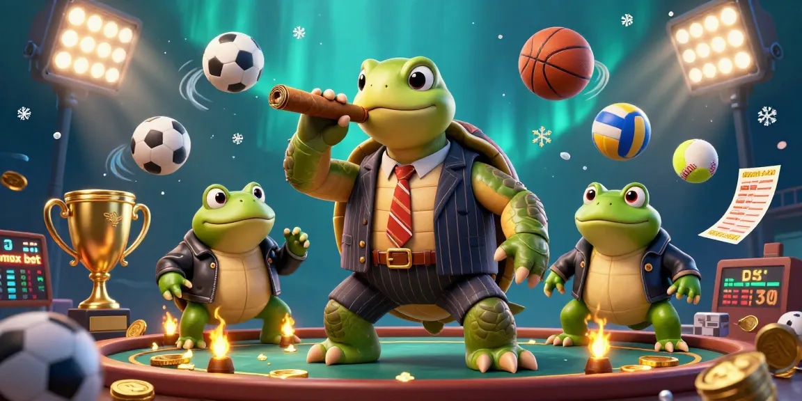 Bettors engage with vmax bet in an exciting casino scene featuring a charismatic turtle character and dynamic sports elements.