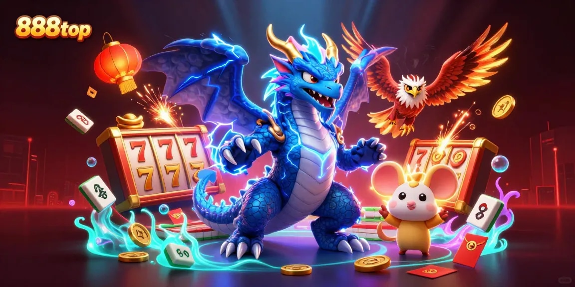 Experience thrilling gameplay with 888top's vibrant casino world, featuring dynamic dragons and festive elements.