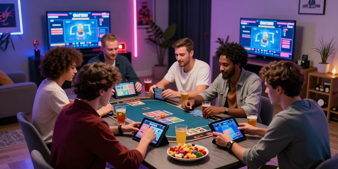 Friends enjoying a lively rikvip gaming night with tablets and snacks.