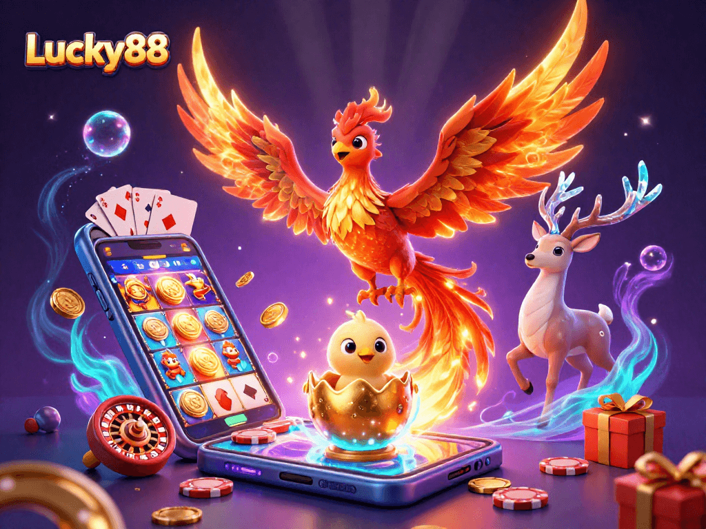 Experience excitement at Lucky88 with a 3D illustration of a soaring phoenix, dynamic games, and vibrant casino elements.