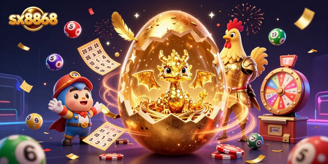 SX8868 offers spectacular gaming experiences as a golden dragon emerges from a jackpot egg amidst vibrant casino elements.