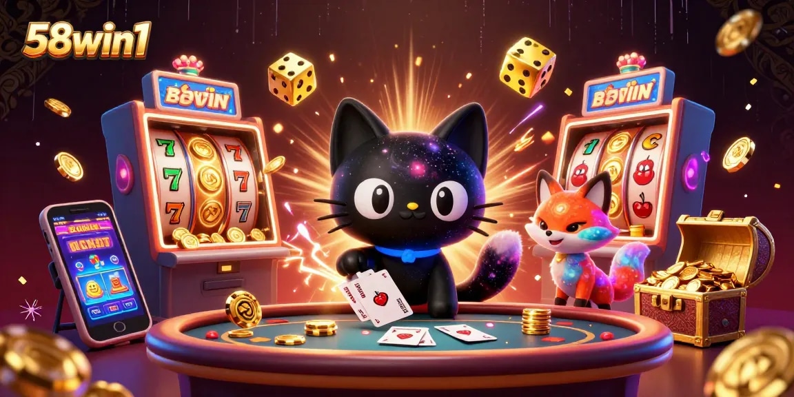 Engage in thrilling gameplay with 58win1, featuring a cosmic cat and vibrant casino elements.