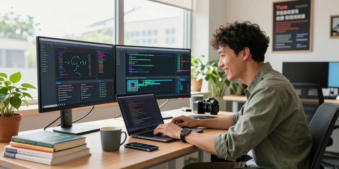 Developer optimizing network solutions with 快连 in a modern office workspace.