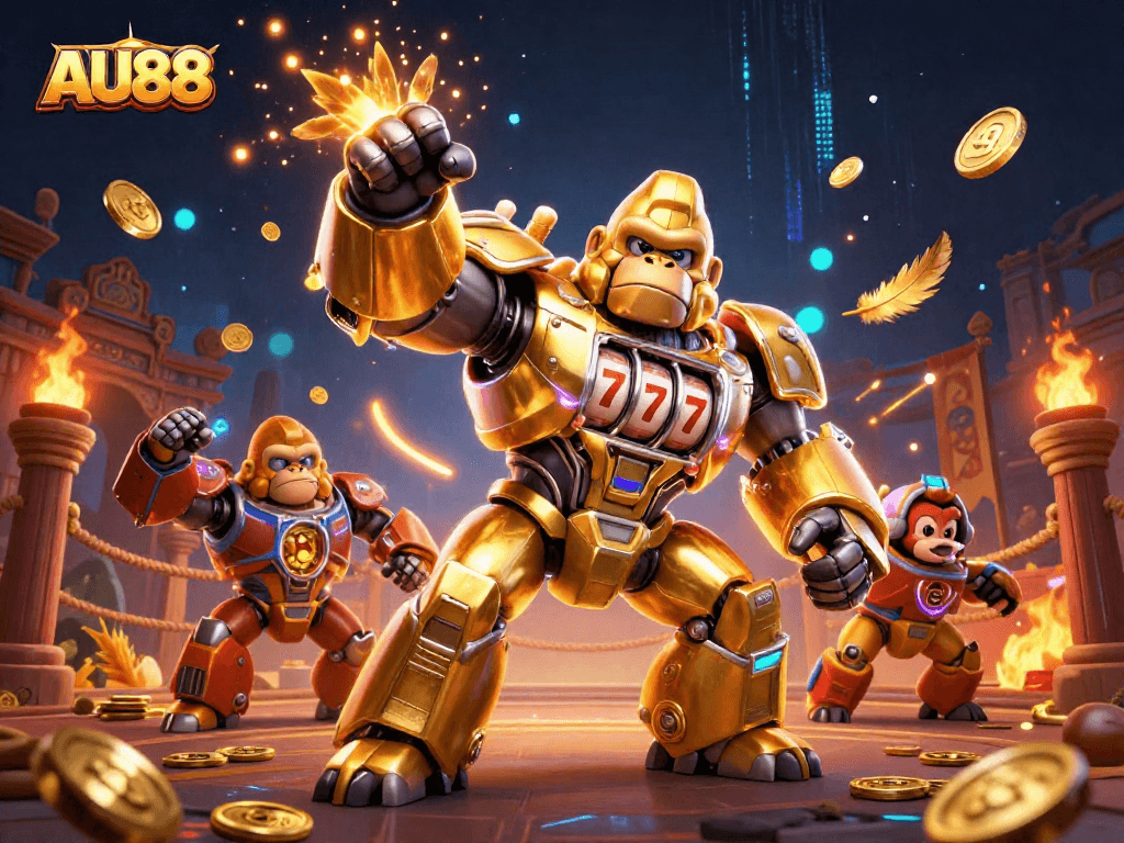 Experience thrilling wins at AU88 with a golden gorilla mech and spinning slot reels!