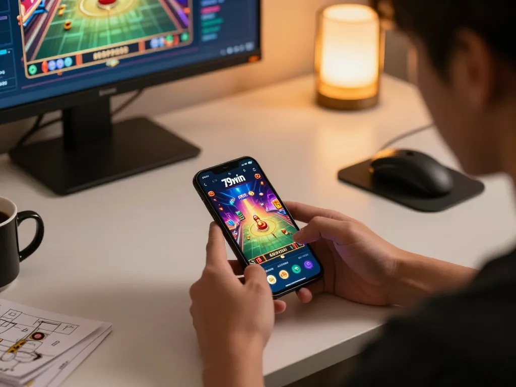 Player enjoying casino games on 79win app during a cozy home gaming session
