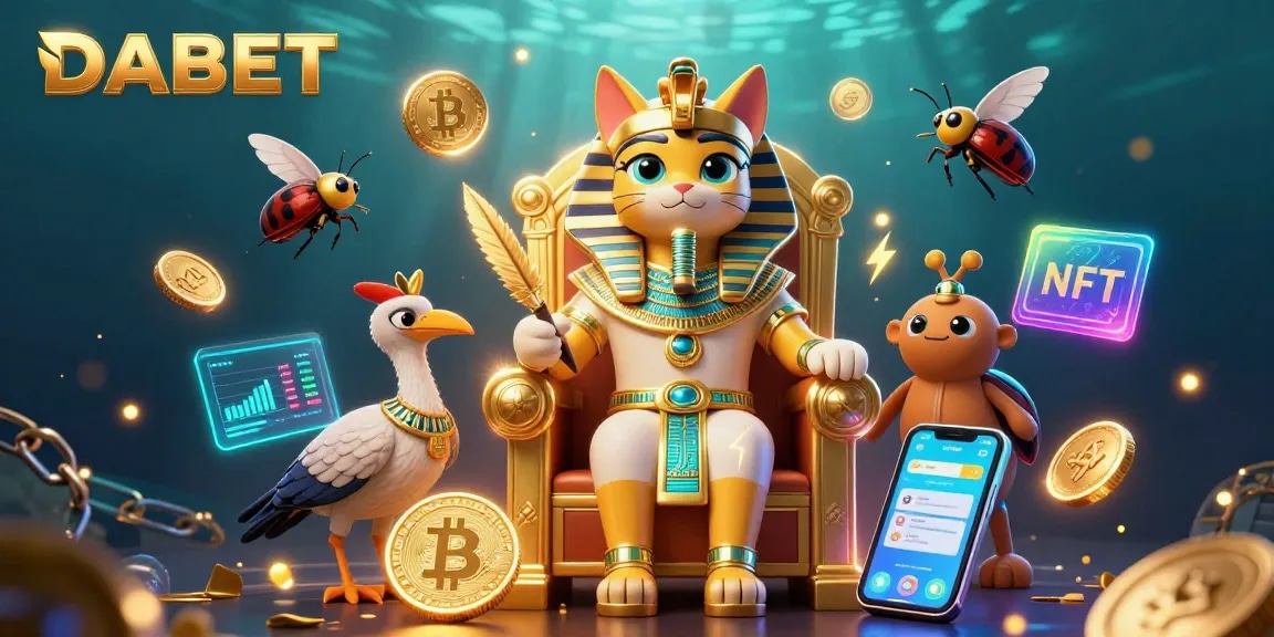 DABET showcases a vibrant 3D illustration of a cartoon pharaoh cat on a throne amidst lively casino elements.