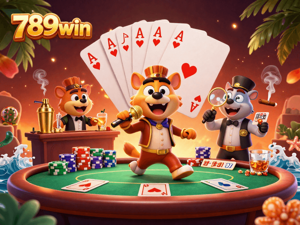 Join the fun at 789win with lively hyena characters in a packed comedy casino club setting.
