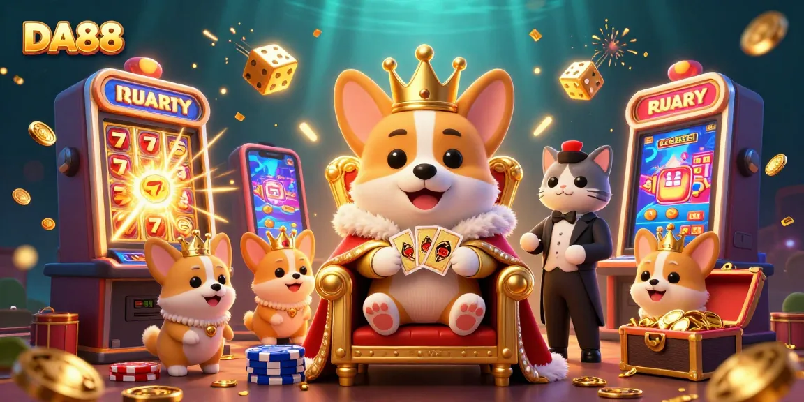 Engage with exciting slots at DA88 featuring royal corgi, jackpot symbols, and vibrant casino elements