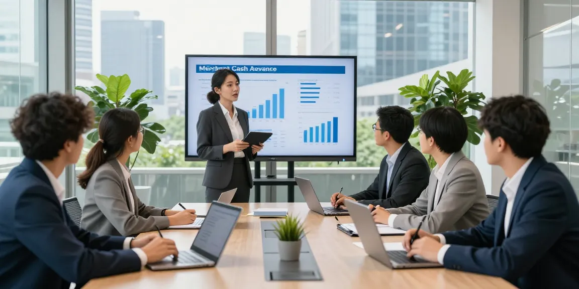 Group of professionals discussing merchant cash advance UK options in a modern conference room.
