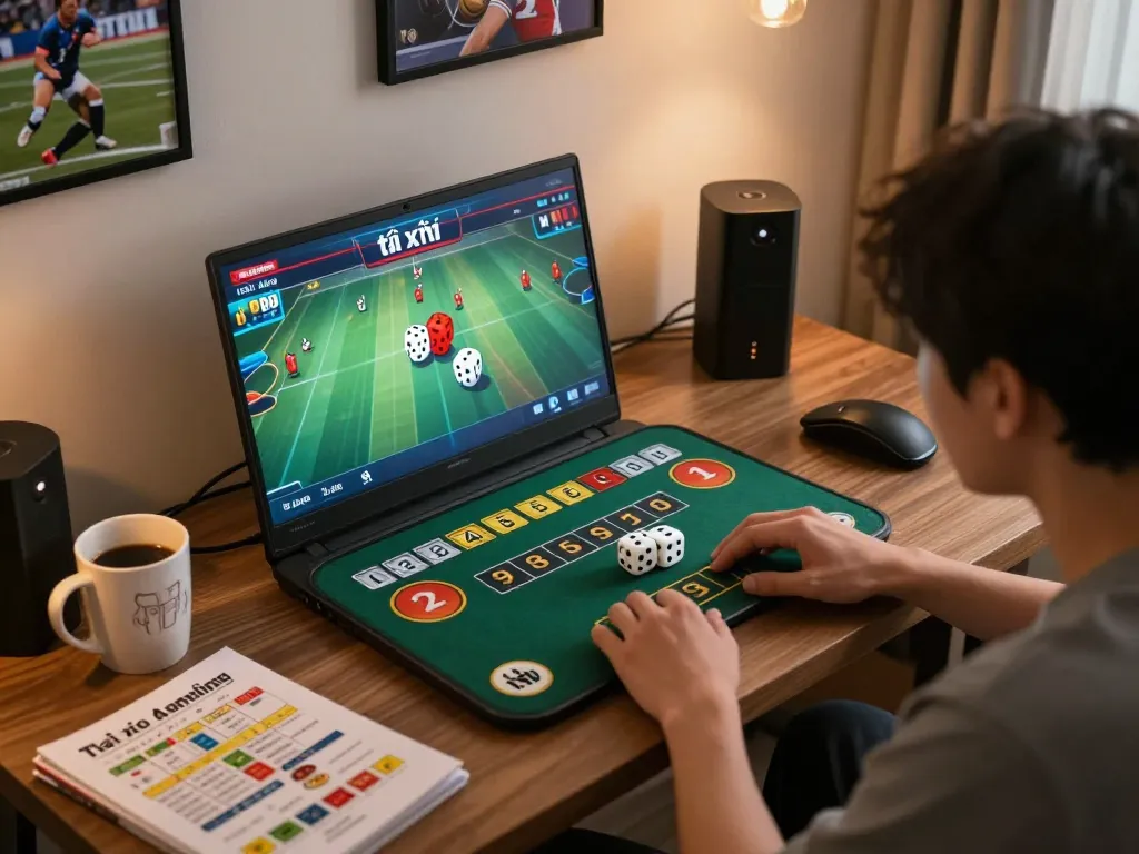 Tài xỉu online game in action on a laptop with digital dice, showing betting excitement.