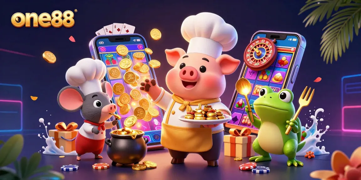 Experience the thrill of one88 with a vibrant cartoon scene of a chef pig and a golden frog critiquing gourmet gold coins.