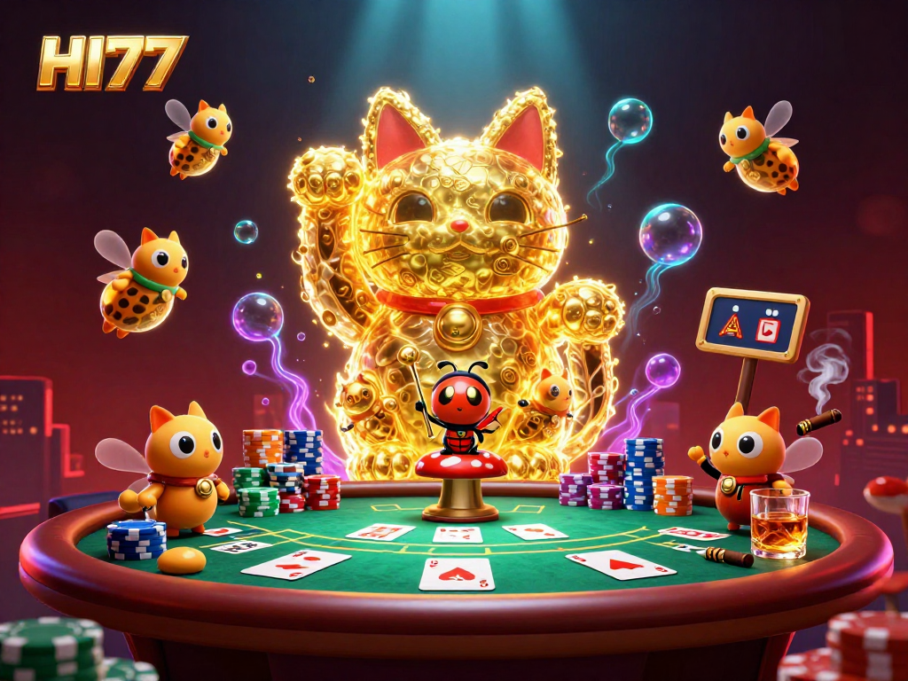 Experience the thrill of HI77 with a vibrant 3D illustration showcasing an enchanting lucky cat.