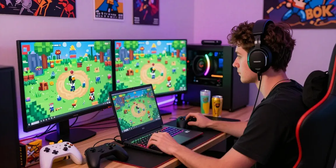 Exciting scene of a gamer playing free mobile porn games on a gaming laptop, vibrant RGB lighting and colorful game graphics.