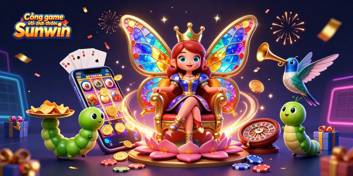 Cổng game bài đổi thưởng Sunwin showcases a vibrant 3D illustration featuring a magical butterfly queen amidst gambling elements.