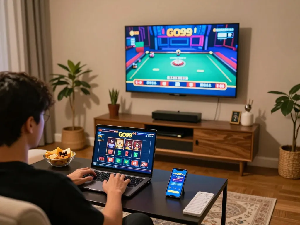 Engaging gameplay at Go99 online casino in a cozy home setting with laptop and app interface.