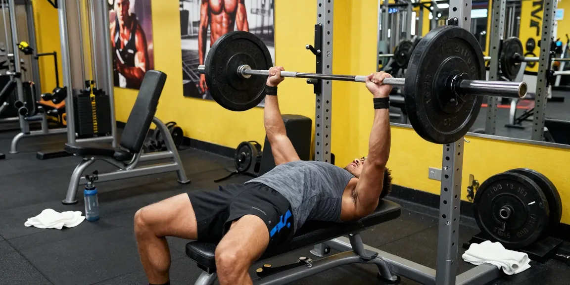 Sportler im Anabolika Shop Deutschland, der im hellen Fitnessstudio Bankdrücken ausführt und Krafttraining zeigt.