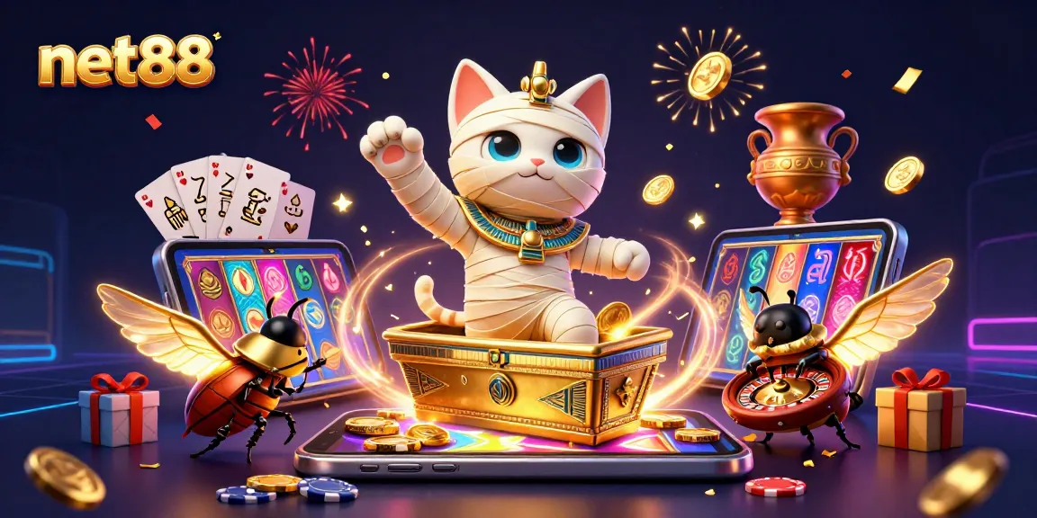 Experience net88 with a fun-filled 3D casino scene featuring a mummy cat and exciting games.
