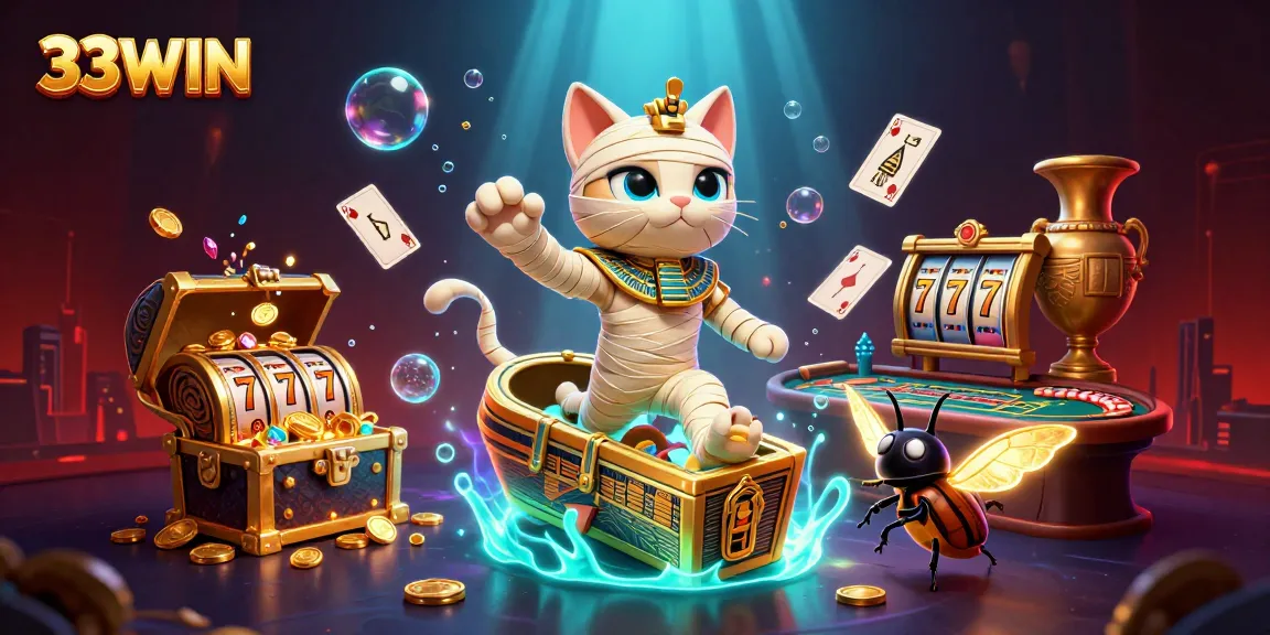 Exciting 33WIN gaming scene depicting a mummy cat emerging from a sarcophagus in a vibrant casino setting.