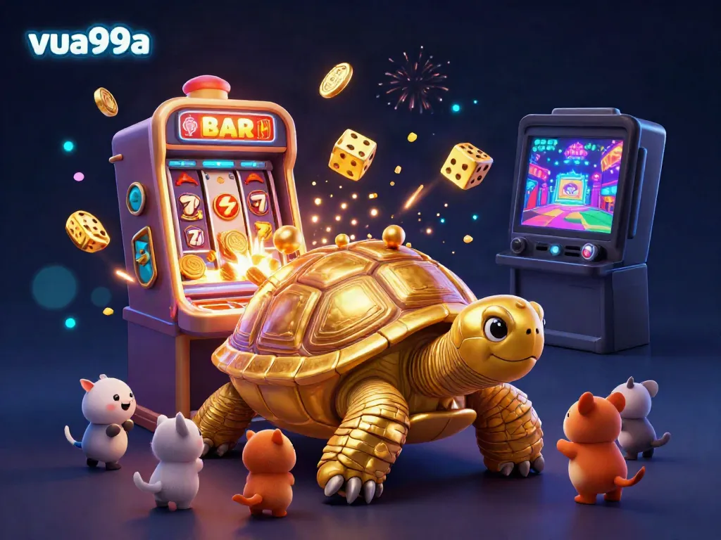 Experience thrilling gameplay at vua99a, featuring golden slots and tortoises in an exciting casino scene.