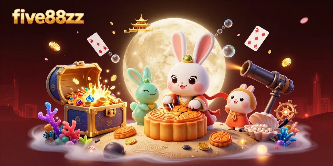 Engage with five88zz through a captivating casino scene of a moon rabbit revealing poker chips inside mooncakes.