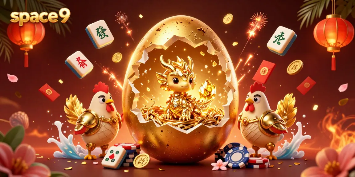 Engage with exciting games at Space9 Casino featuring a golden dragon on poker chips and vibrant gaming elements.