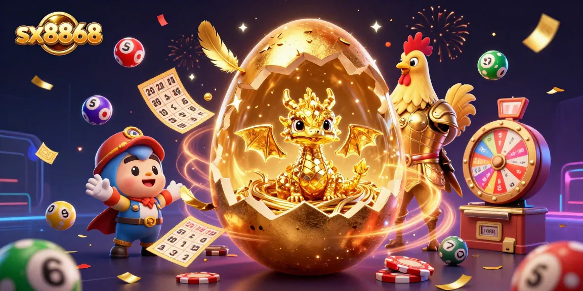 SX8868 offers spectacular gaming experiences as a golden dragon emerges from a jackpot egg amidst vibrant casino elements.