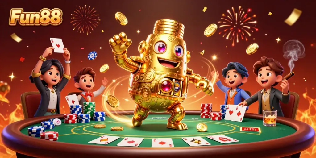 Engage in exciting Fun88 gaming with dynamic poker elements and a vibrant golden golem.