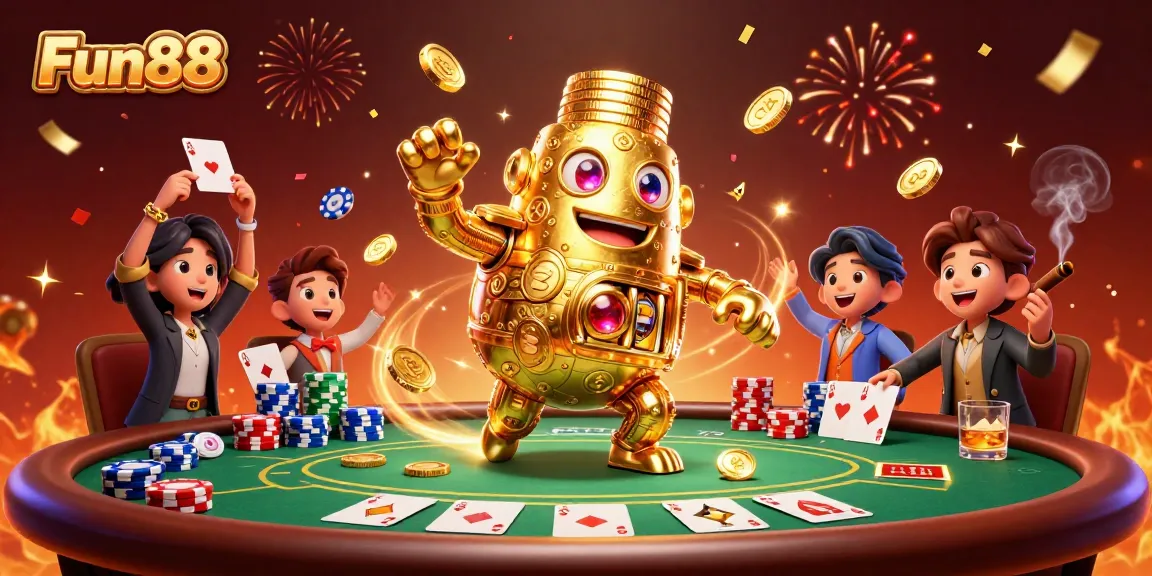 Engage in exciting Fun88 gaming with dynamic poker elements and a vibrant golden golem.