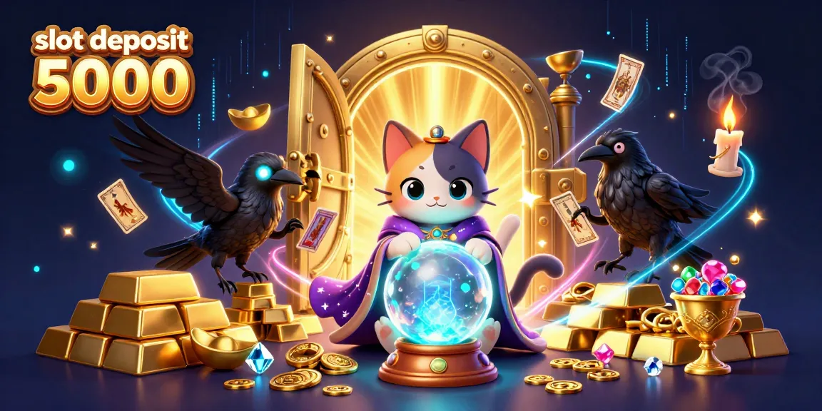 Experience winning with slot deposit 5000 featuring mystical characters, treasures, and vibrant casino elements.