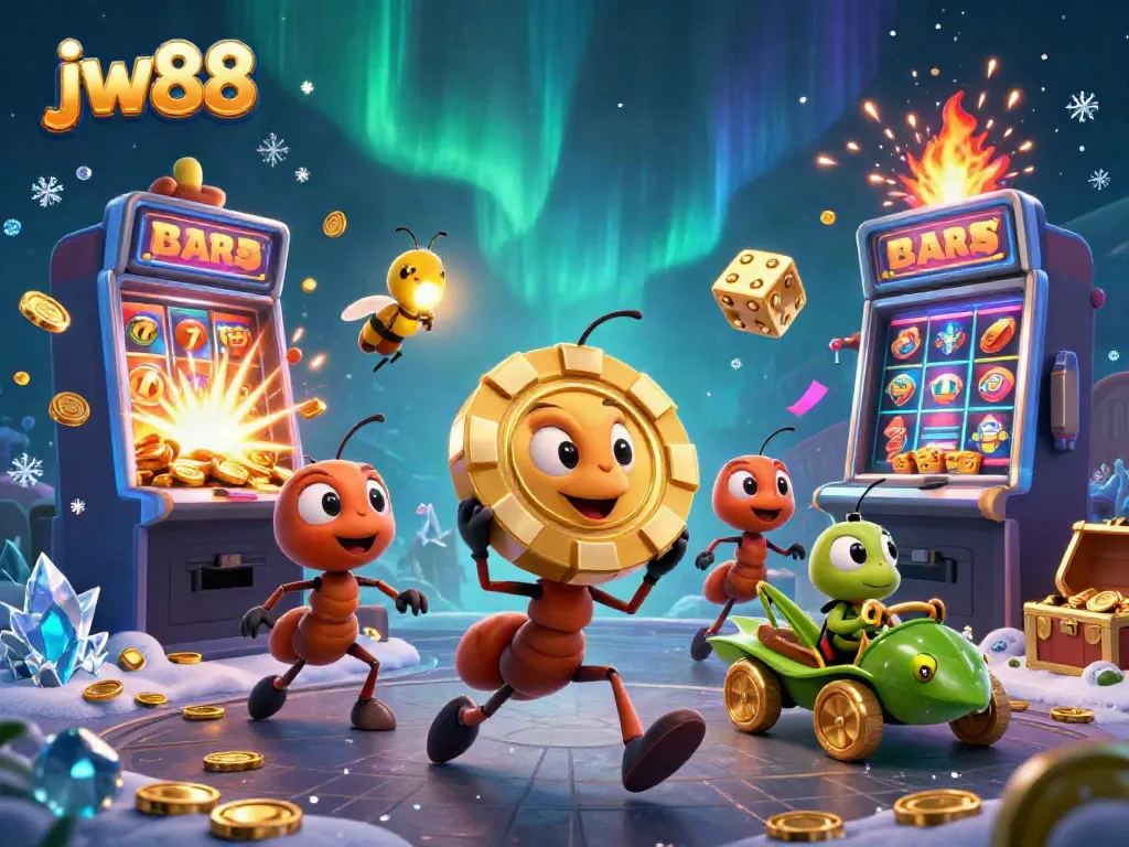 Experience the excitement of jw88 with a dynamic illustration of ants in a heist through a casino-themed tunnel.