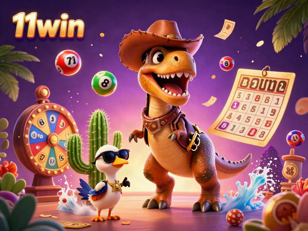 Play exciting games with 11win featuring a T-Rex, cactus, and roadrunner in a vibrant casino scene.