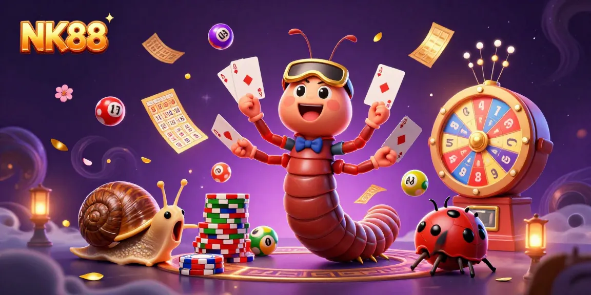 Experience thrilling gaming at NK88 with vibrant lottery and casino elements in a dynamic illustration.