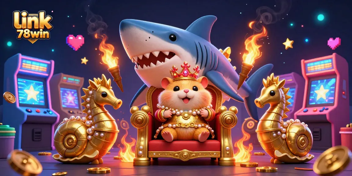 Engage with link 78win in a vibrant casino scene featuring a golden hamster king, arcade games, and dynamic gaming elements.