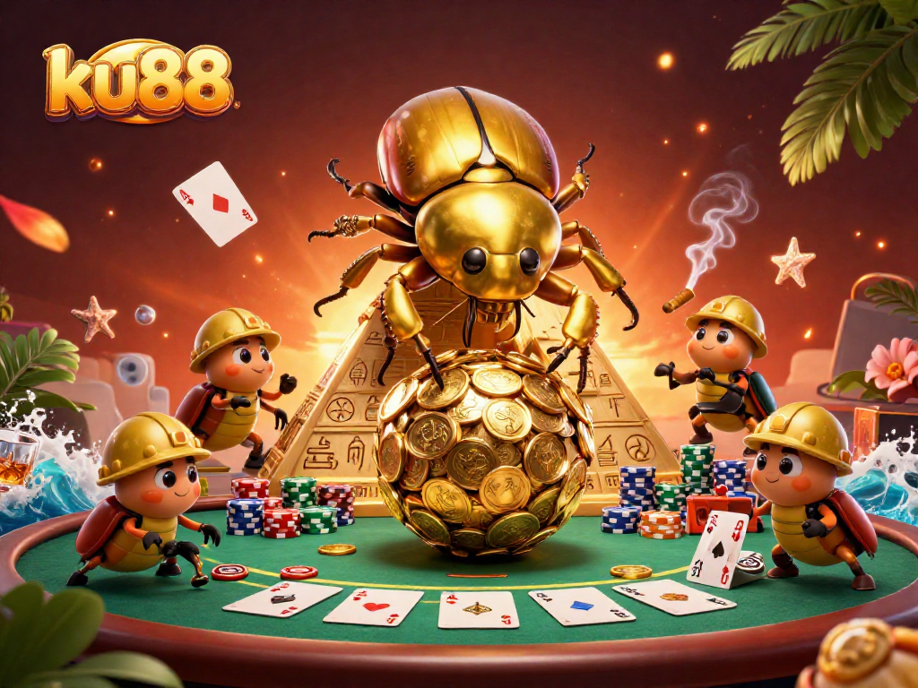 Engage with ku88's thrilling casino atmosphere featuring golden beetles and poker action.