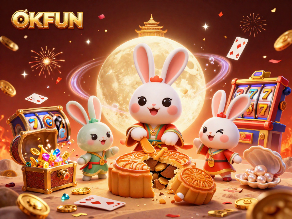 Play casino games with OKFUN featuring a moon rabbit revealing poker chips amidst celebratory elements.