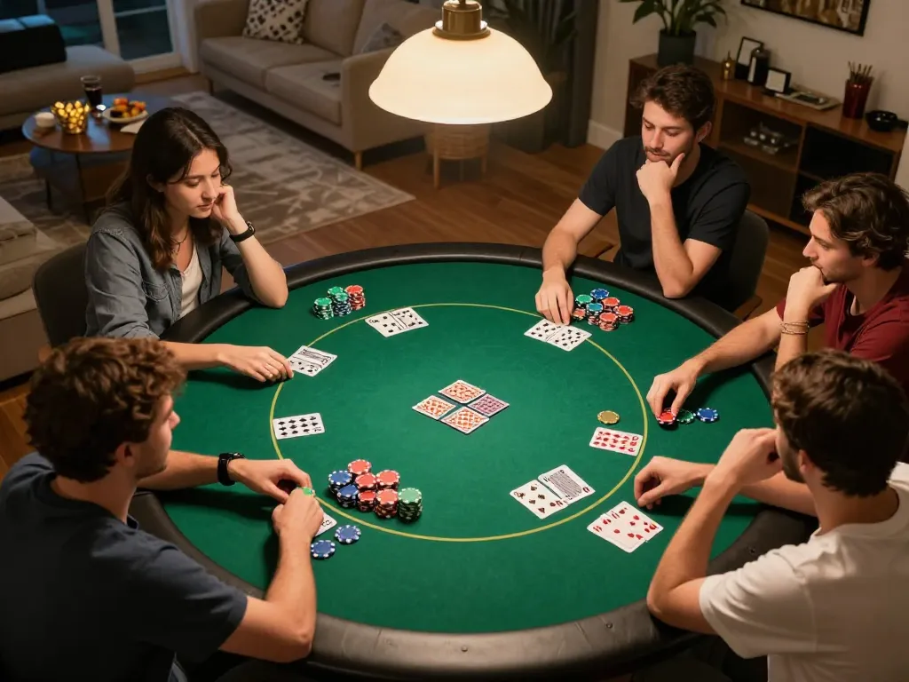 Engaging scene of friends playing game đánh bài đổi thưởng at home, showcasing enthusiasm and competitive spirit.