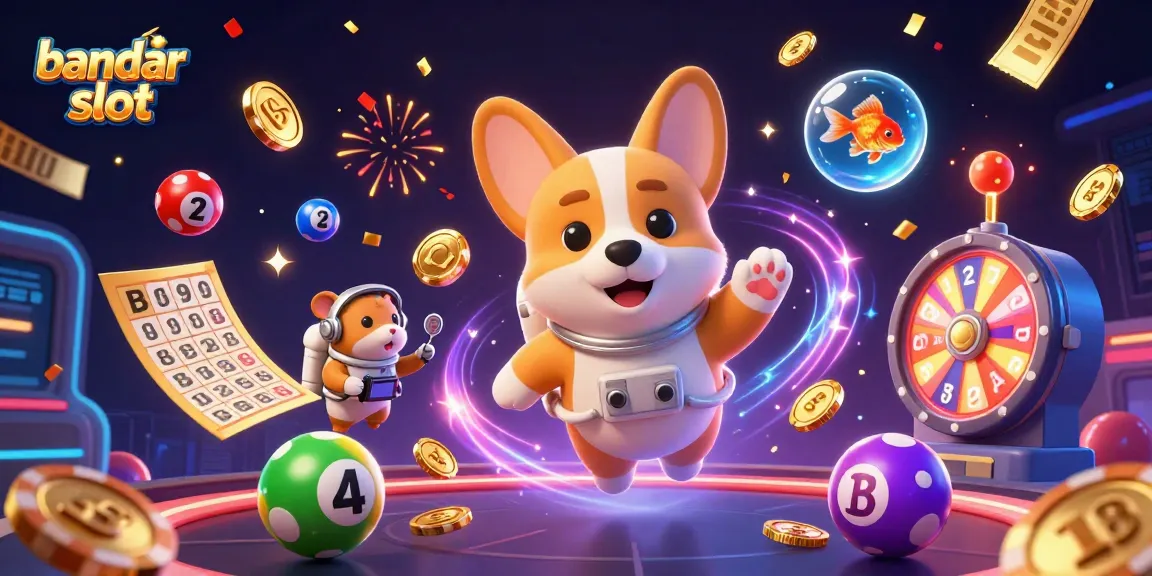 Experience the excitement of bandar slot in a dynamic casino illustration with floating characters.