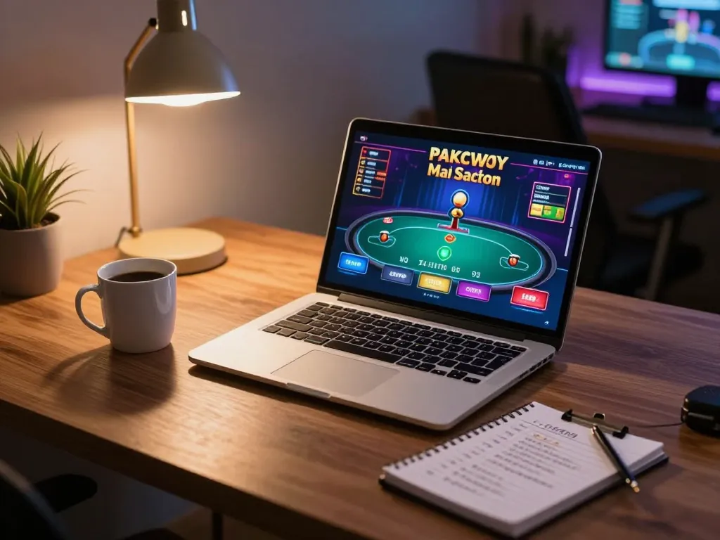 Engaging in poker gameplay on RR88 online gaming platform, showcasing strategic betting and a cozy setup.
