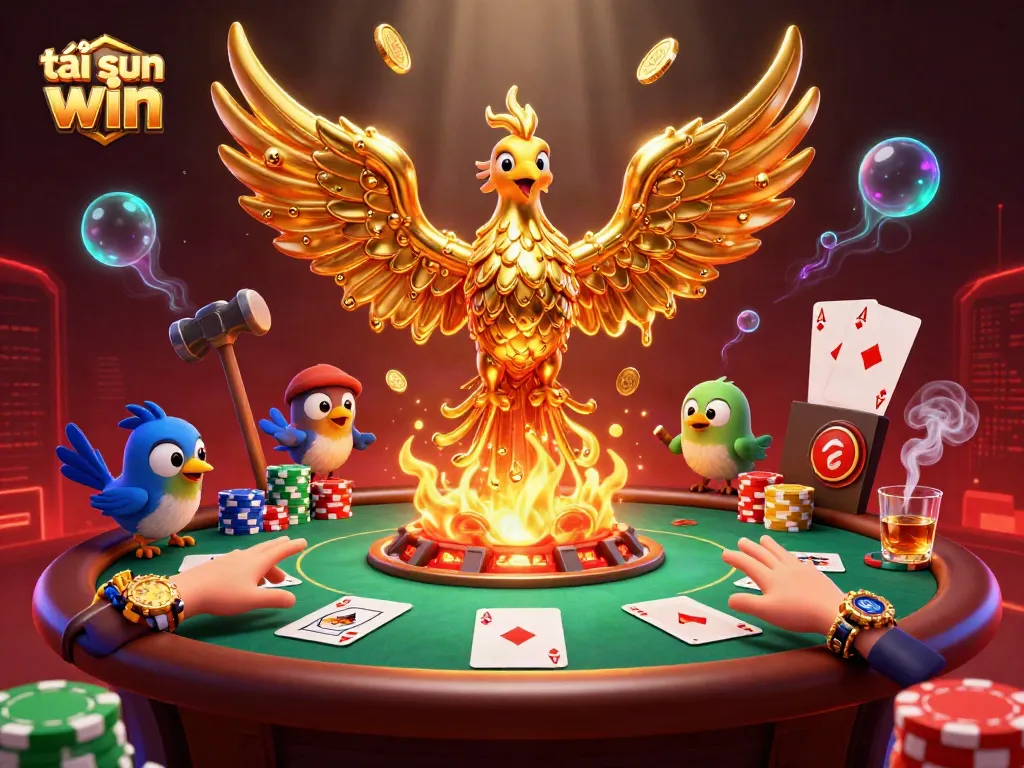 Engage in gameplay and excitement with tải sun win in a vibrant 3D casino scene featuring a golden phoenix.