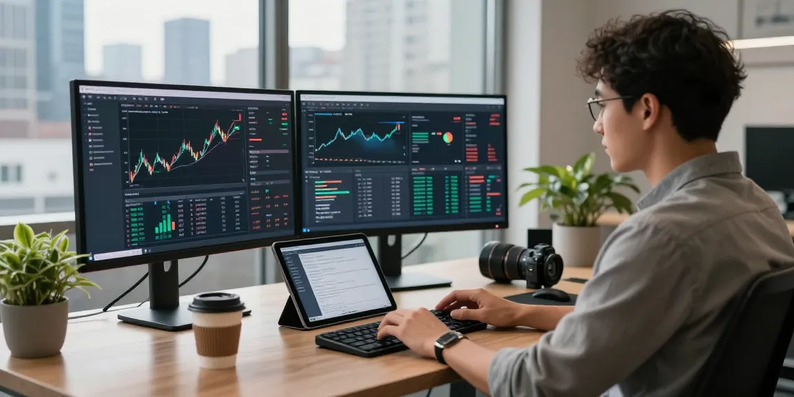 Developer utilizing a multi-exchange data interface in a modern fintech workspace, showcasing real-time financial data.
