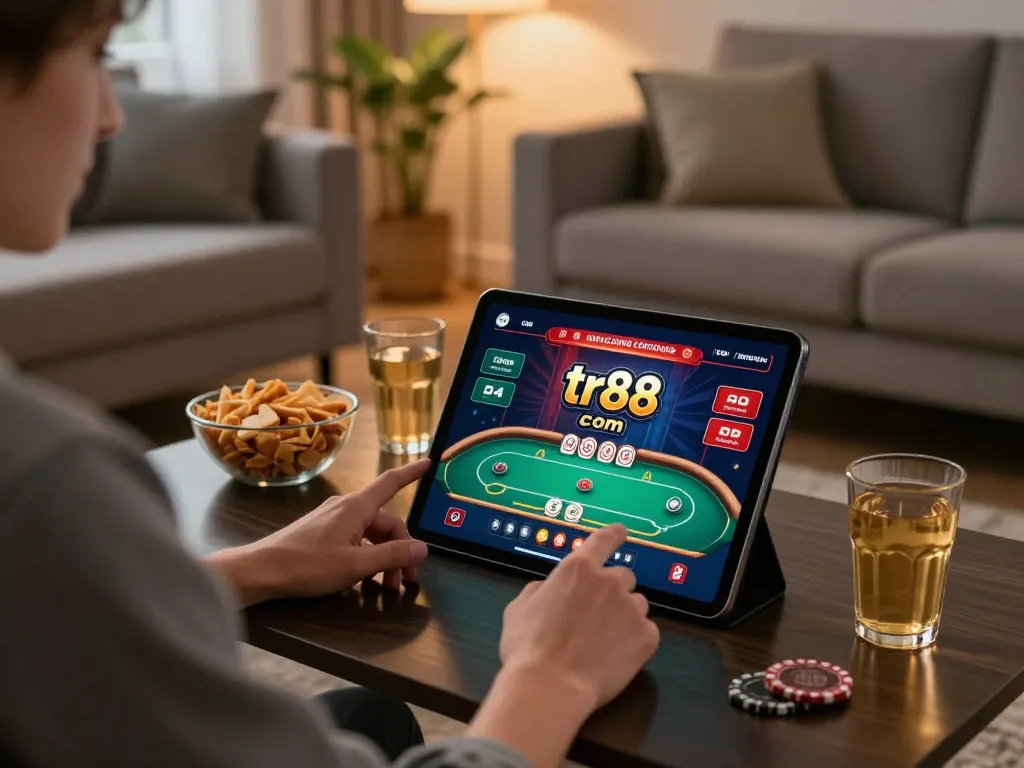 Engaging with the tr88 com casino app at home, focused on poker gameplay with snacks and a warm atmosphere.