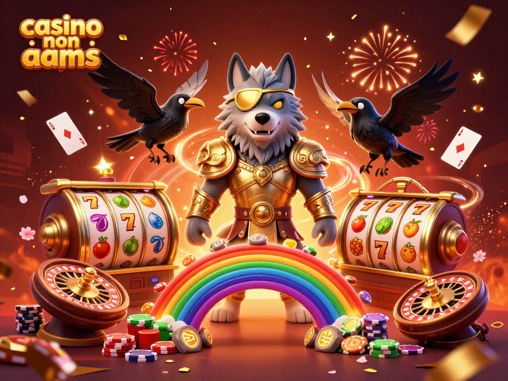 Immagine di un lupo Odin con corvi, simboli di casinò non AAMS e slot colorati, in un'illustrazione festosa.